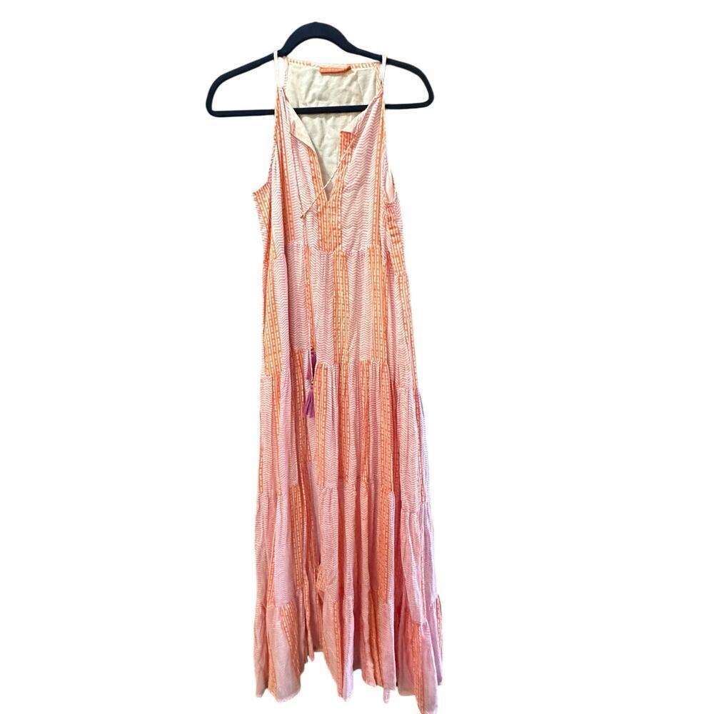 Oliphant Women's Pink Striped Print Long Tiered Tassel Maxi Dress Size Large